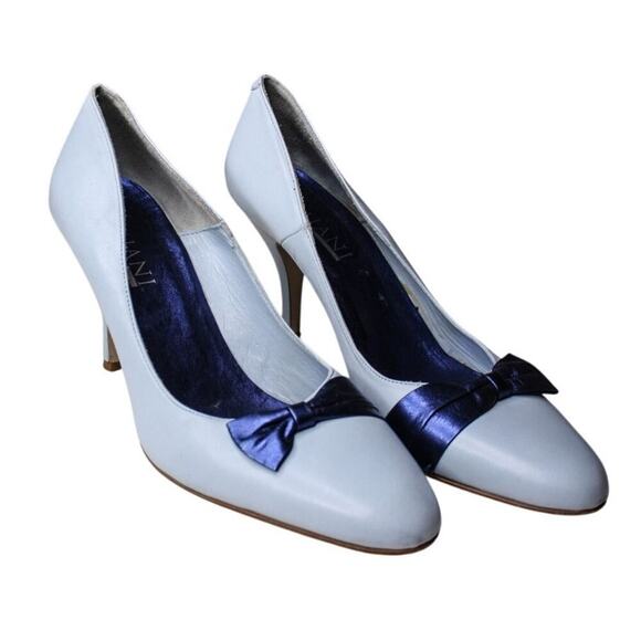 Lumiani Leather High Heel Pumps Italian Bow Blue Classic Preppy Retro - Picture 3 of 5